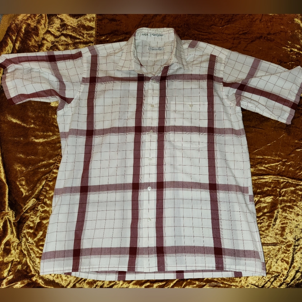 1970s Christian Dior White & Red Plaid Button Front Short Sleeve Shirt Vintage
